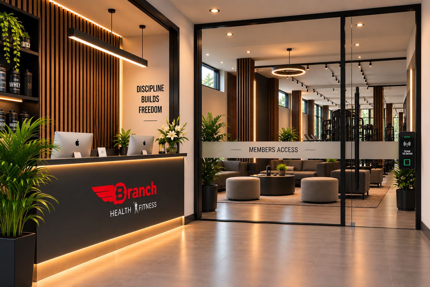 Reception and the glazed members access screen, with the lounge visible beyond