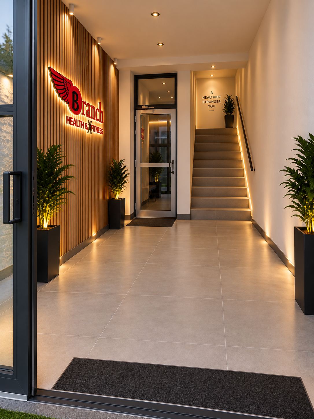 The entrance: backlit Branch mark on timber, lit stair beyond