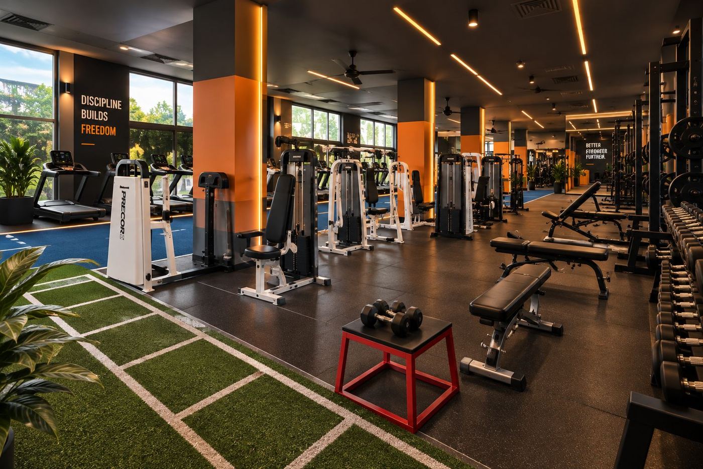 The training floor at Branch: orange columns, machines through the middle and a green turf corner